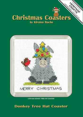 Heritage Crafts Cross Stitch Kit - Donkey - Tree Hat, Christmas Coaster