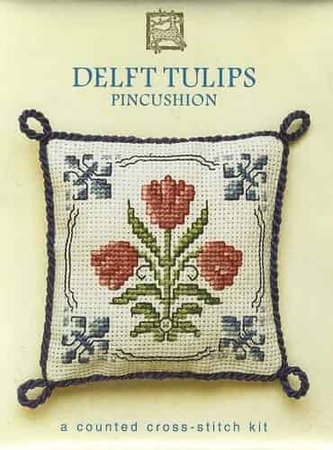Textile Heritage Cross Stitch Kit - Pincushion - Delft Tulips - Made in Scotland
