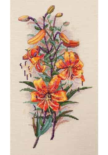 Merejka Cross Stitch Kit - Vintage Lilies on linen - DMC threads